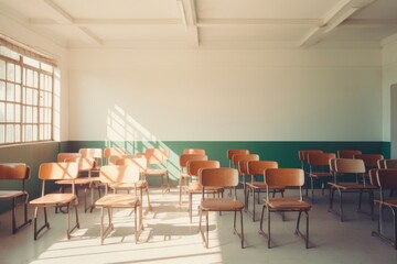 A classroom architecture furniture building.