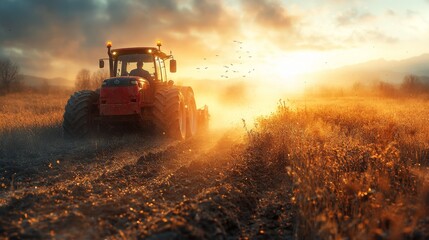 Fototapeta premium Red tractor driving through a golden field at sunset with dust and birds flying in the background