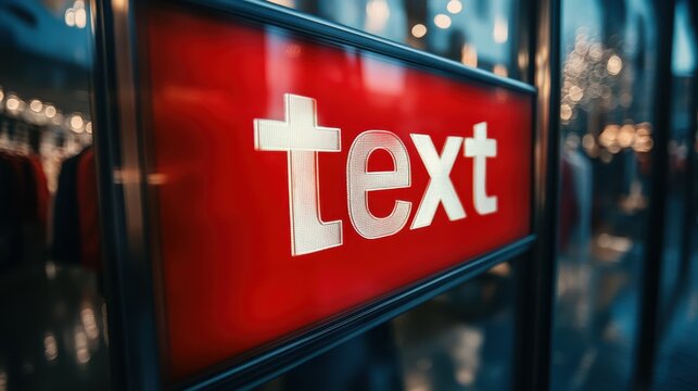 Close-up of a red neon store sign with customizable text in a shop window, glowing against a blurred retail interior background, promoting sales, advertising, store signage, marketing, and branding