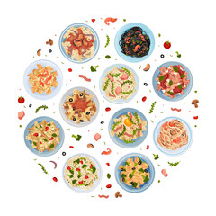 Pasta Dish Food Round Composition with Plate Serving Vector Template