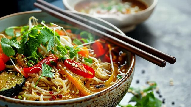 A steaming bowl of vibrant noodle soup garnished with fresh vegetables and herbs, inviting appetite and showcasing culinary artistry