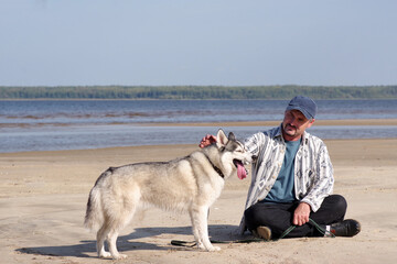 adult mature person with his pet together on a walk. Siberian husky and its owner on the beach on a sunny day. © MaskaRad