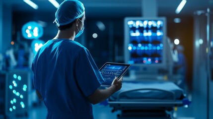Fototapeta premium Surgeon using tablet in modern operating room with high-tech medical equipment
