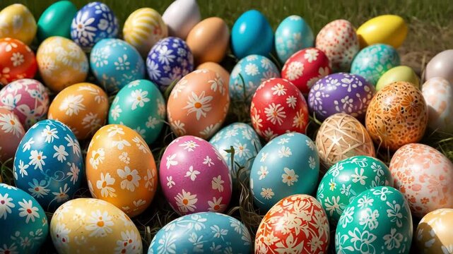 A vibrant display of colorful decorative eggs in a grassy setting, celebrating spring and creativity with artistic patterns