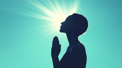 Silhouette of a woman praying with sunlight shining behind her head, representing spirituality and wellness