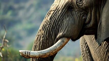 A close up of an elephant's face showcasing its textures and tusk in a serene natural habitat, indicating themes of wildlife conservation