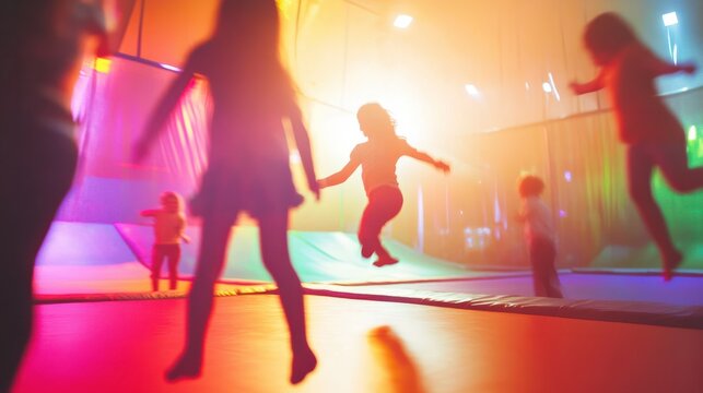 Unfocused vision of kids jumping and flipping in an indoor trampoline park.