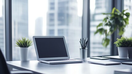 Fototapeta premium Minimalist office workspace with laptop, plants, and pencils.