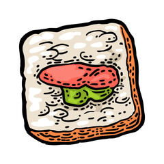 Sushi roll masago. Top view. Isolated on white background. Vintage color vector engraving