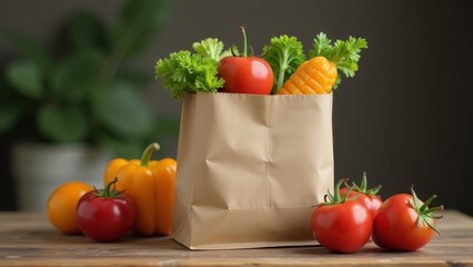 Fresh vegetables and herbs in a paper bag on a wooden table with additional tomatoes and peppers in the background