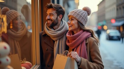 Couple enjoying a winter evening while window shopping in a charming downtown area during the holidays