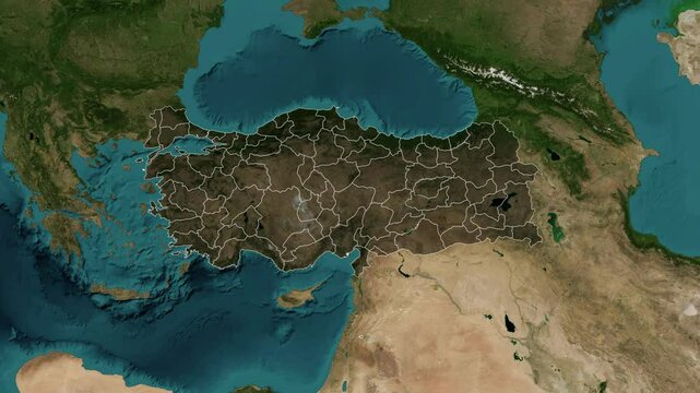 Zoom from Earth to Turkey (with Provinces) World map animation with highlighted borders of T&uuml;rkiye. Images from NASA