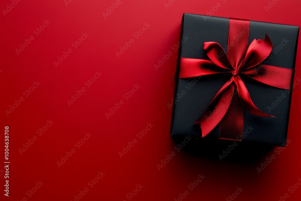 Canvas Prints A beautifully wrapped black gift box adorned with a bright red ribbon sits on a rich red background, perfect for festive moments