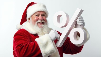 Santa Claus cheerfully promotes holiday discounts while holding a large percent sign during a festive shopping season