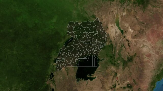 Zoom from Earth to Uganda (with Provinces) World map animation with highlighted borders of countries. Images from NASA