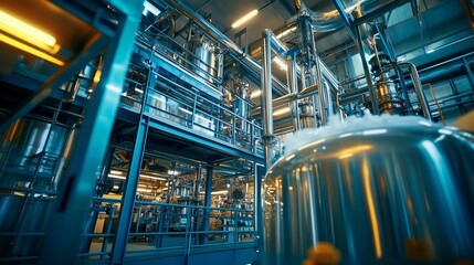 Fototapeta premium Detailed view of a modern industrial facility showcasing advanced machinery and pipelines in a bustling production environment