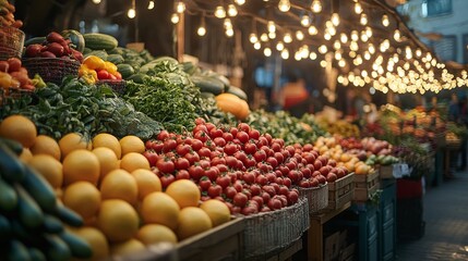 Fototapeta premium lively farmers market filled with seasonal produce under string lights, offering fresh fruits, vegetables, and organic food in a warm, community-focused setting