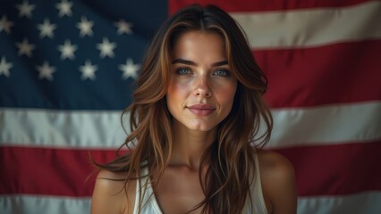 Naklejka premium A young woman poses confidently in front of a large American flag, celebrating patriotism and individuality against a backdrop of stars and stripes