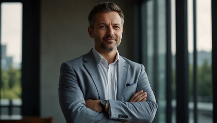 Confident businessman with folded arms near large windows.
