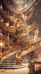 Obraz premium The grand staircase elegantly draped with festive garlands and twinkling lights perfectly complements the majestic and celebratory style of the interior hotel