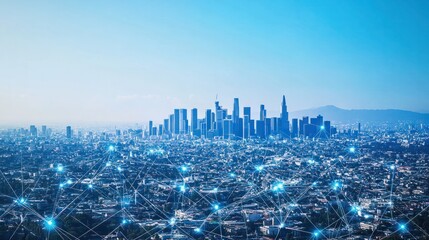 A cityscape with connected network lines and technology icons, representing the digital transformation of urban environments. The background is a clear blue sky, symbolizing hope for future