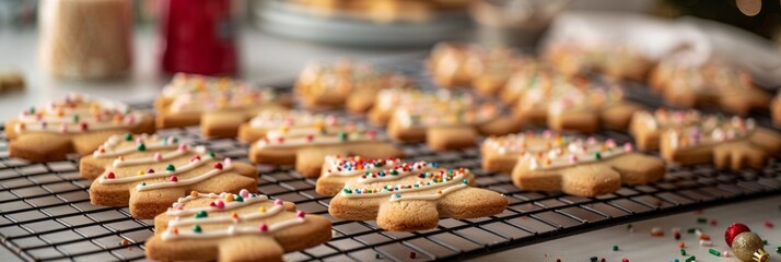 A delightful kitchen scene with a tray of Christmas cookies on a cooling rack, surrounded by cookie cutters, baking ingredients, and holiday decor for a festive touch, banner