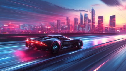 Fototapeta premium A futuristic car future. speeds down the highway with a vibrant city skyline in the background