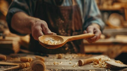 craftsman skillfully carves a wooden spoon by hand, National Craft Month