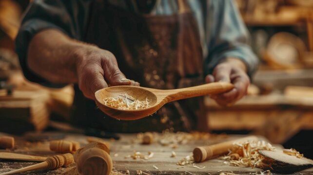 craftsman skillfully carves a wooden spoon by hand, National Craft Month