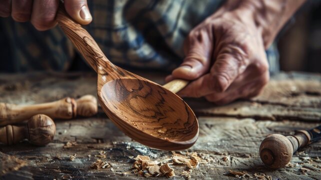 craftsman skillfully carves a wooden spoon by hand, National Craft Month