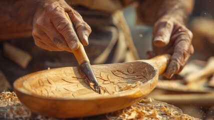 craftsman skillfully carves a wooden spoon by hand, National Craft Month