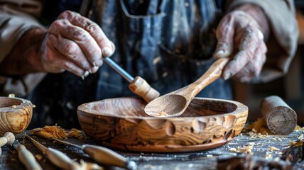 craftsman skillfully carves a wooden spoon by hand, National Craft Month