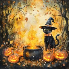 A watercolor Halloween scene featuring a black cat with a witch hat standing near a cauldron surrounded by glowing pumpkins and enchanted leaves