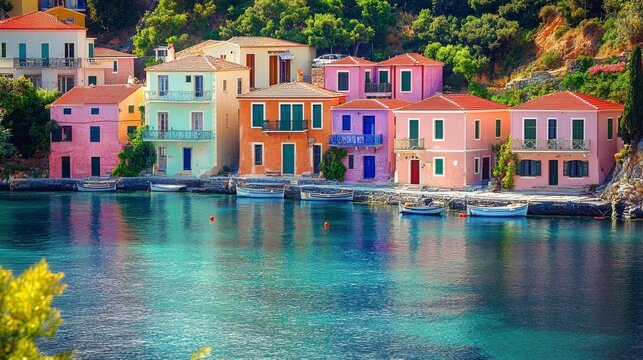Fototapeta Most beautiful greek villages - colorful Assos in Cefalonia (Kefalonia). Ionian islands of Greece 