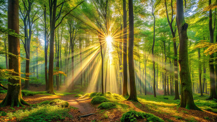 Golden rays of sunlight filter through tall trees in a tranquil forest, illuminating the lush greenery and creating a peaceful atmosphere in the early morning