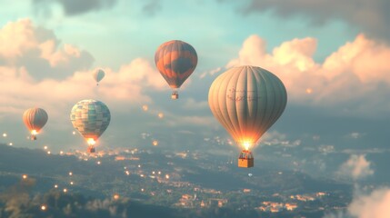 Fototapeta premium Colorful hot air balloons soar high into the sky, their flames flickering against a hazy, blue background.