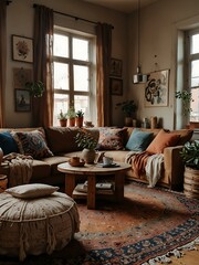 Cozy bohemian living room with soft fabrics.