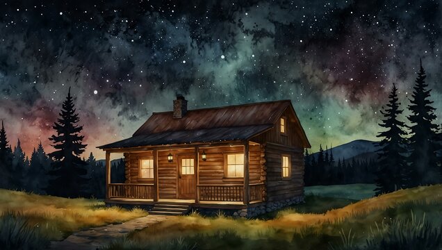 Cozy cabin watercolor with warm light under a starry sky.