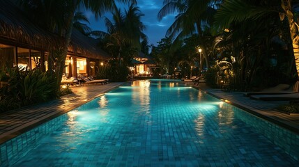 Obraz premium Luxurious tropical resort pool in the night