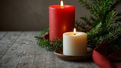 Cozy decorations featuring red candles and festive greenery.