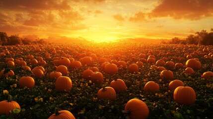Obraz premium Sunset over a pumpkin patch filled with pumpkins.
