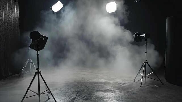 Two studio lights are set up on tripods in a smoky room