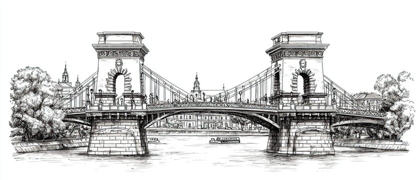 black and white bridge sketch over river clip art preview