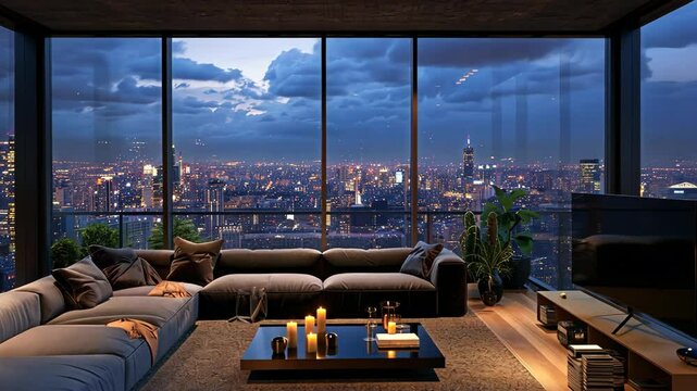 A modern living room with a large sectional sofa and a coffee table with candles, overlooking a city skyline at night