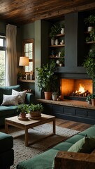 Cozy living room with lush greenery and wood accents.