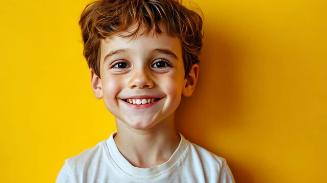 A young boy smiles at the camera while standing in front of a yellow wall