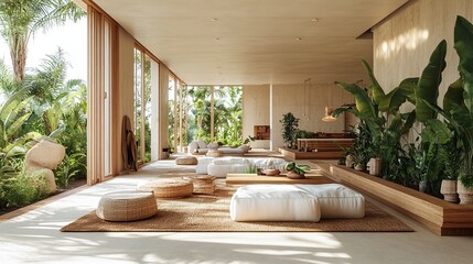 Fototapeta premium biophilic modern home with natural textures, soft wooden furniture, and abundant greenery, incorporating eco-friendly elements to promote harmony and sustainable living