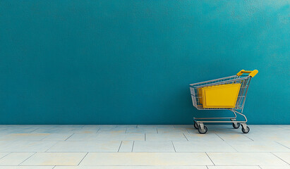 An empty shopping cart with blue handles sits beside a weathered yellow and blue wall, symbolizing retail, consumerism, or urban decay.
