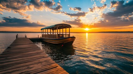 Boat Dock at Sunset with Calm Water and Golden Sky,generative ai