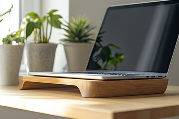 A sleek laptop on a stylish wooden stand, surrounded by houseplants on a sunlit desk.